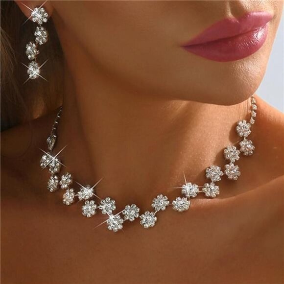 Silver Rhinestone Bridal Wedding Jewelry Set Crystal Necklace Earrings - Picture 3 of 5